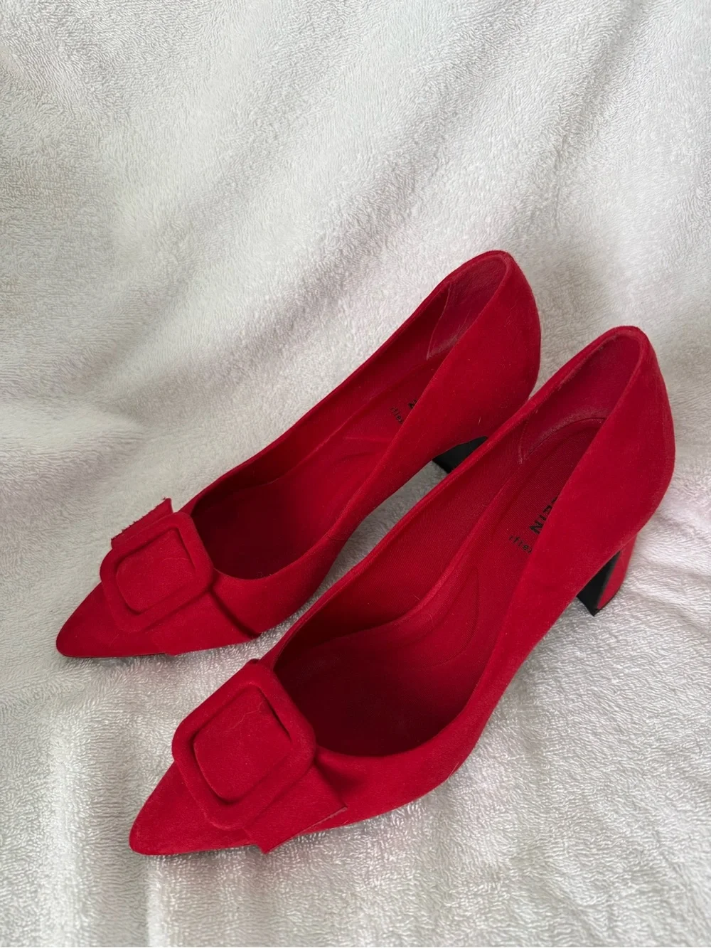 Anne Klein Red Suede Pointed Toe Block Heels with Buckle Accent